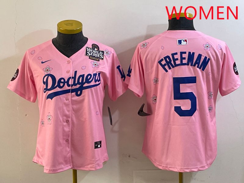 Women Los Angeles Dodgers 5 Freeman Pink Sakura Edition 2025 Nike MLB Jersey style 6